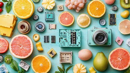 Tech Meets Citrus: A vibrant still life of technology and juicy fruits.