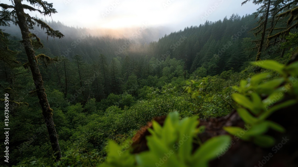 Fototapete scenic view of lush green forest with morning fog covering the trees. sunlight filters through the m