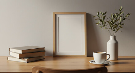 Cup of coffee, books and empty picture frame mockup on wooden desk, table. Vase with olive branches. Elegant working space. Scandinavian interior design. mockup