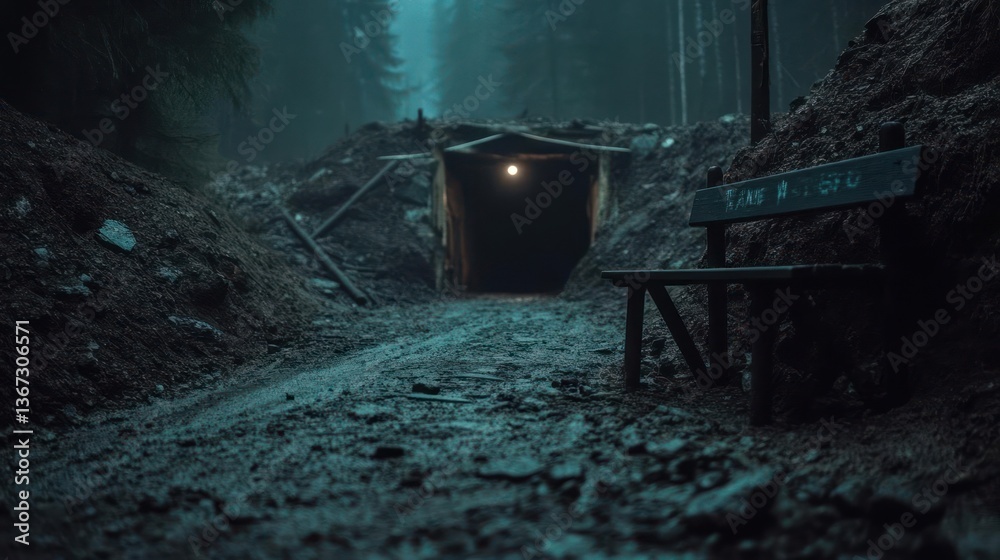 Poster tunnel entrance with a wooden structure at night lit by a single light in the forest with a bench. m
