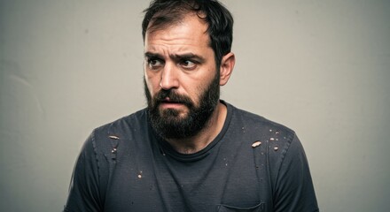 Obraz premium Man with a distressed expression in a plain background, conveying anxiety