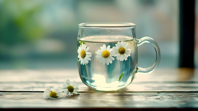 Chamomile flowers gently floating in a transparent herbal infusion creating a calming and natural scene for wellness relaxation and self care  This image evokes a sense of peace tranquility