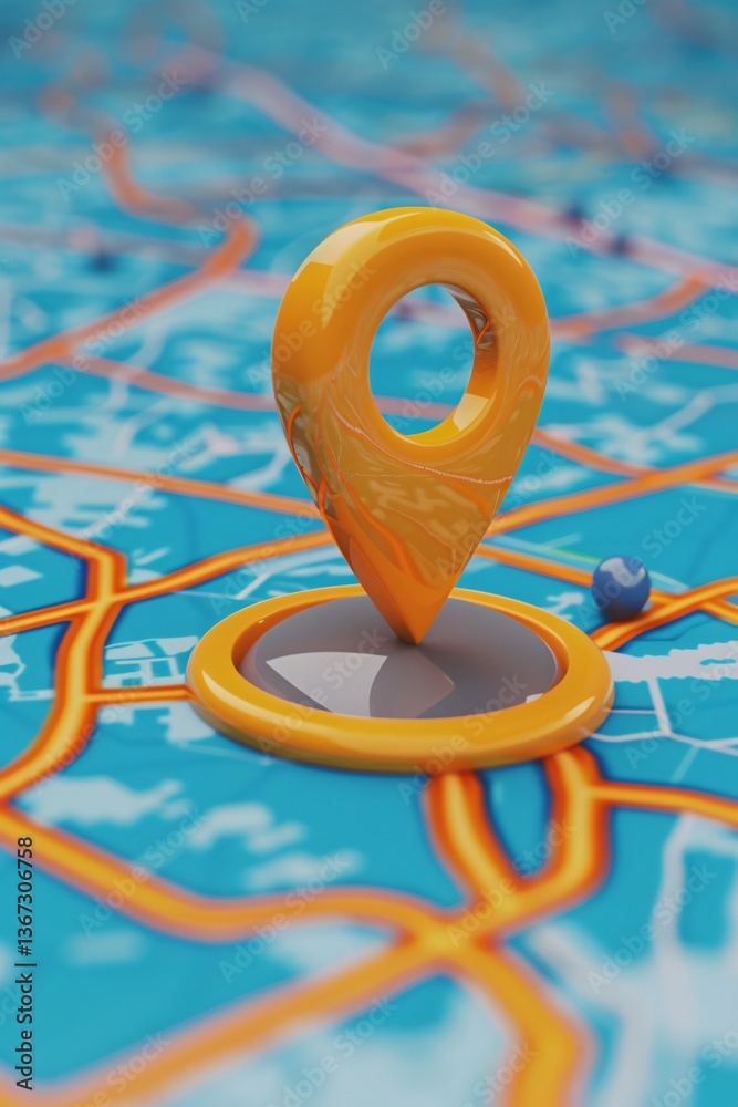 Poster Orange location pin pointing on a map for gps navigation