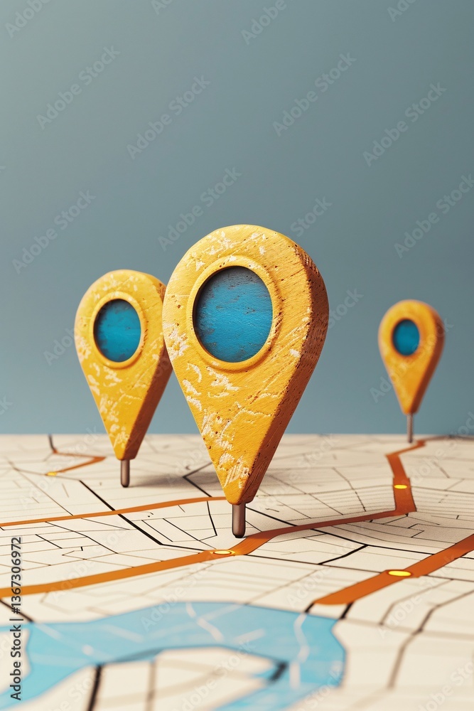 Poster City map with a route marked and three location pins showing the way