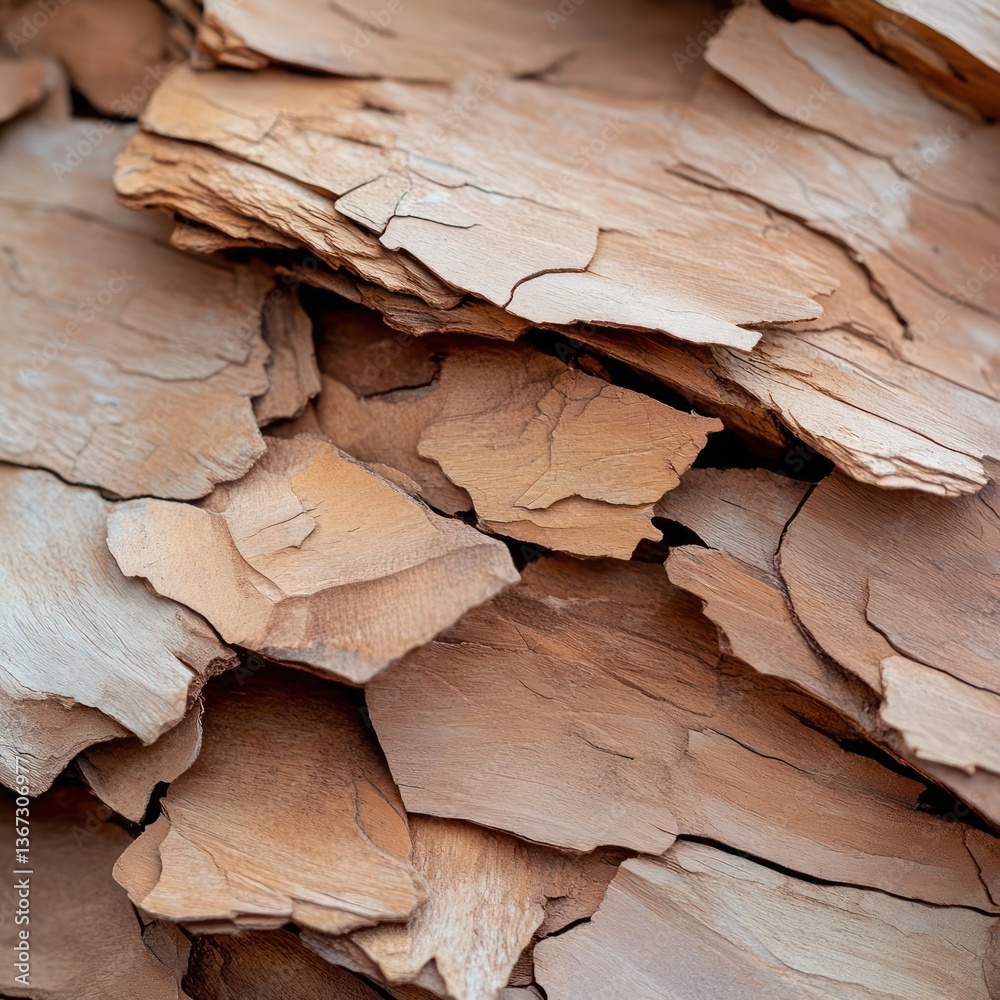 Poster close up view of textured tree bark in shades of brown and beige with rough surface under natural da