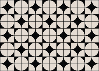 Seamless black and cream mid century modern quarter circles pattern for banners, backgrounds, fabric design, home decor.
