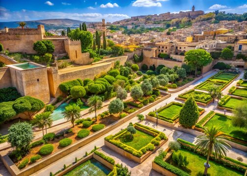 Aerial View of Jnan Sbil Garden, Fez Old Town, Morocco - Lush Oasis in Ancient City