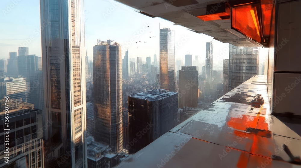 Aufkleber High angle view of a futuristic cityscape with tall buildings in soft lighting from a window frame showcasing a dystopian urban landscape
