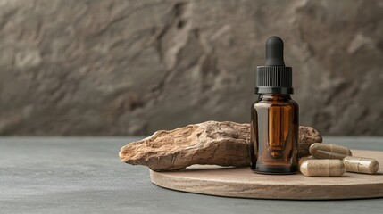 Amber glass bottle filled with soothing and rejuvenating ashwagandha root extract serum a natural herbal supplement for holistic wellness stress relief and skin nourishment