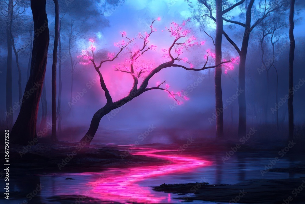 Poster a vibrant pink glowing tree with a winding river in a mysterious blue toned misty forest with high c