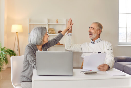 Senior couple high five, older adults learn how to interact with laptop, successful digital information online, calculating total budget, nice happy elderly people, old pair family at home together
