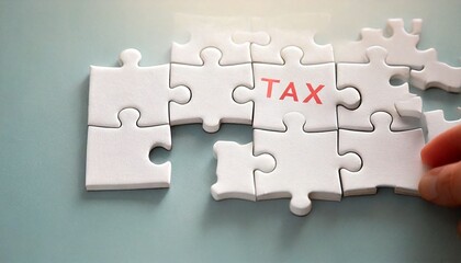 Obraz premium Puzzle Piece Concept-- TAX blocks interlocked with paper puzzle pieces,photographed in soft