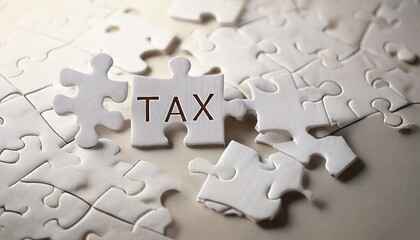Fototapeta premium Puzzle Piece Concept-- TAX blocks interlocked with paper puzzle pieces,photographed in soft
