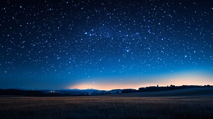 Night sky full of stars over field landscape at dusk or dawn