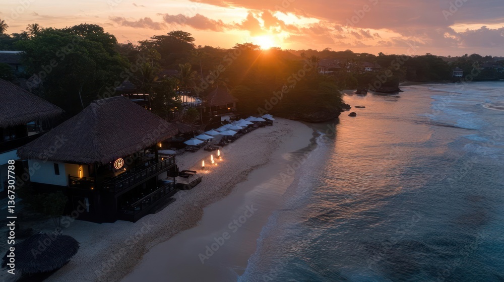 Poster aerial view of a sunset over a beach with beachfront huts illuminated and calm sea reflecting golden