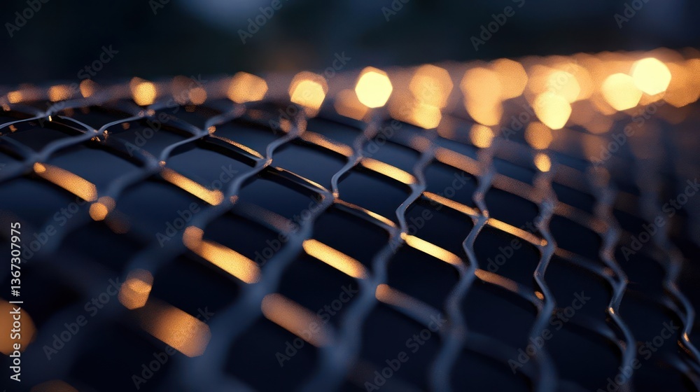 Poster close up view of a black metal fence with bokeh effect lights in the background at night time with s