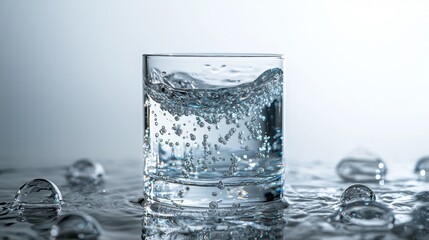 Water splashing in a glass with bubbles on a reflective surface capturing light