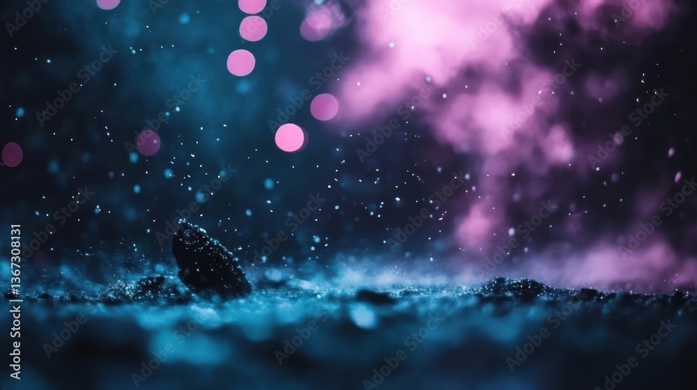 Poster Abstract dark background with blue and pink bokeh lights and floating particles a stone-like object is on the surface of the dark ground, moody and dreamy scene