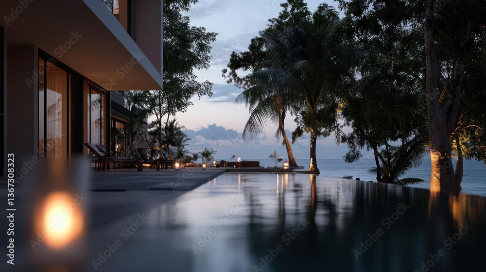 Poster evening view of a luxury villa with an infinity pool overlooking the sea. trees and lights create a 