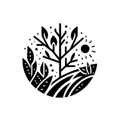 Minimalist Nature: Circle Design of Tree, Sun & Foliage