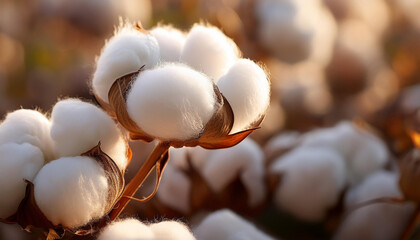 Closeup of fluffy cotton bolls with soft natural light highlighting their texture and softne