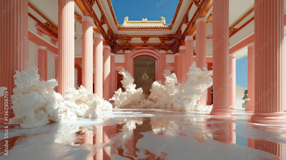 Poster a pixelated baroque architecture interior with peach columns white walls reflective floor and digita