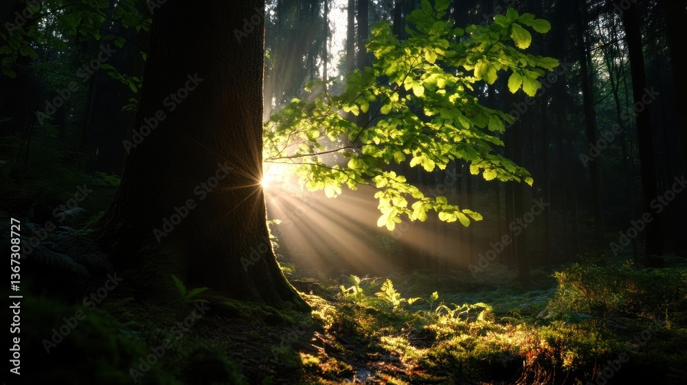 Poster sunlight shining through green foliage and trees creates a serene forest scene with bright rays and 