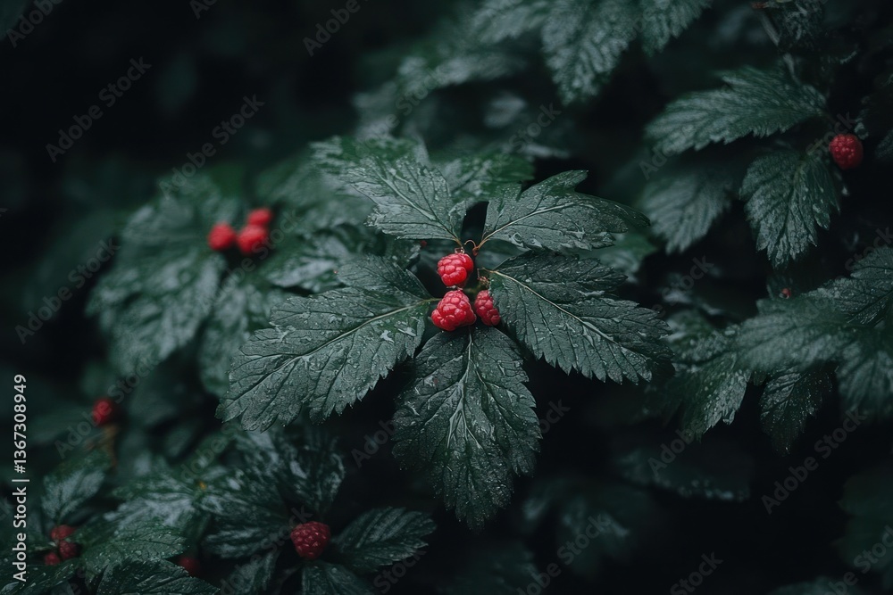 Poster Close up shot of dark green leaves with red berries featuring water droplets and a shallow depth of field highlighting the natural textures and colors