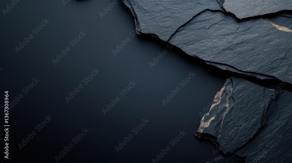 Leinwandbilder Textured black background with rough stone pieces arranged on the right side creating a dark abstract aesthetic composition