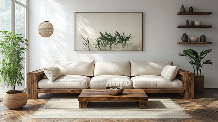 Elegant Living Room with White Walls, Parquet Flooring, Wooden Furniture, Beige Sofa, Dark Wood Coffee Table, Shelf with Vases, Wall Painting, and Modern Ceiling Lamp on Left Side