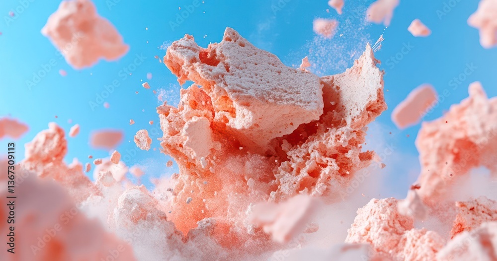 Aufkleber Exploding coral-colored abstract shapes against a bright blue sky creating a dynamic splash effect. The composition features fragmented pieces and cloud like formations with vibrant details