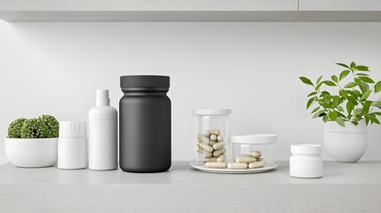 Sleek modern laboratory setup featuring BCAA Branched Chain Amino Acid supplement products such as capsules tablets or liquids for health fitness and athletic performance