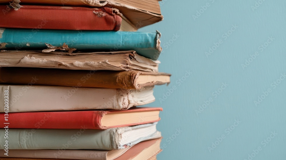 Poster stack of old books with worn covers against a light blue background reflecting history and knowledge