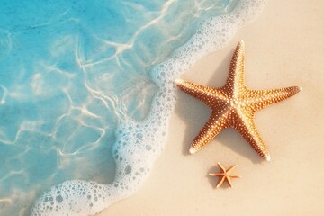 Starfish on the sand beach in clear sea water. Summer background. Summer time .Copy space. Relaxing on the beach.