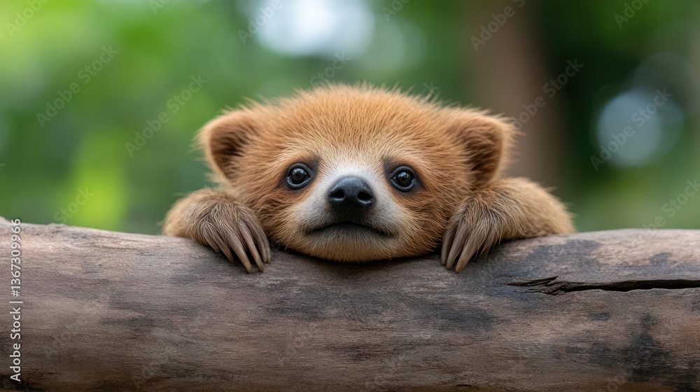 Poster close-up of a small, fluffy brown animal resting on a tree branch with curious eyes and focused gaze