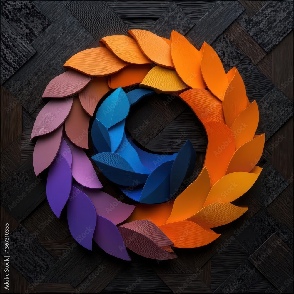 Poster Colorful paper leaves arranged in a circle on a dark wooden background creating a vibrant contrast and abstract pattern