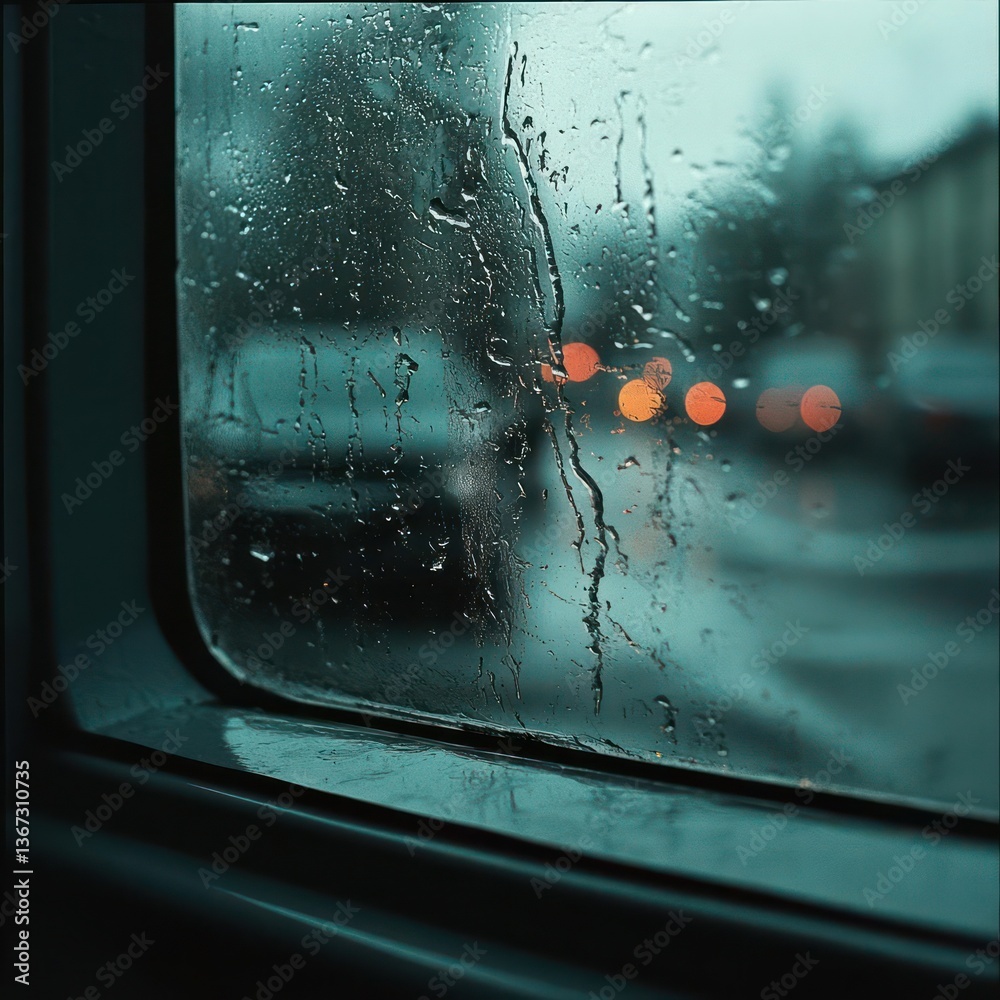 Poster raindrops streak down a window creating a blurry view of city lights and a teal blue and gray toned 