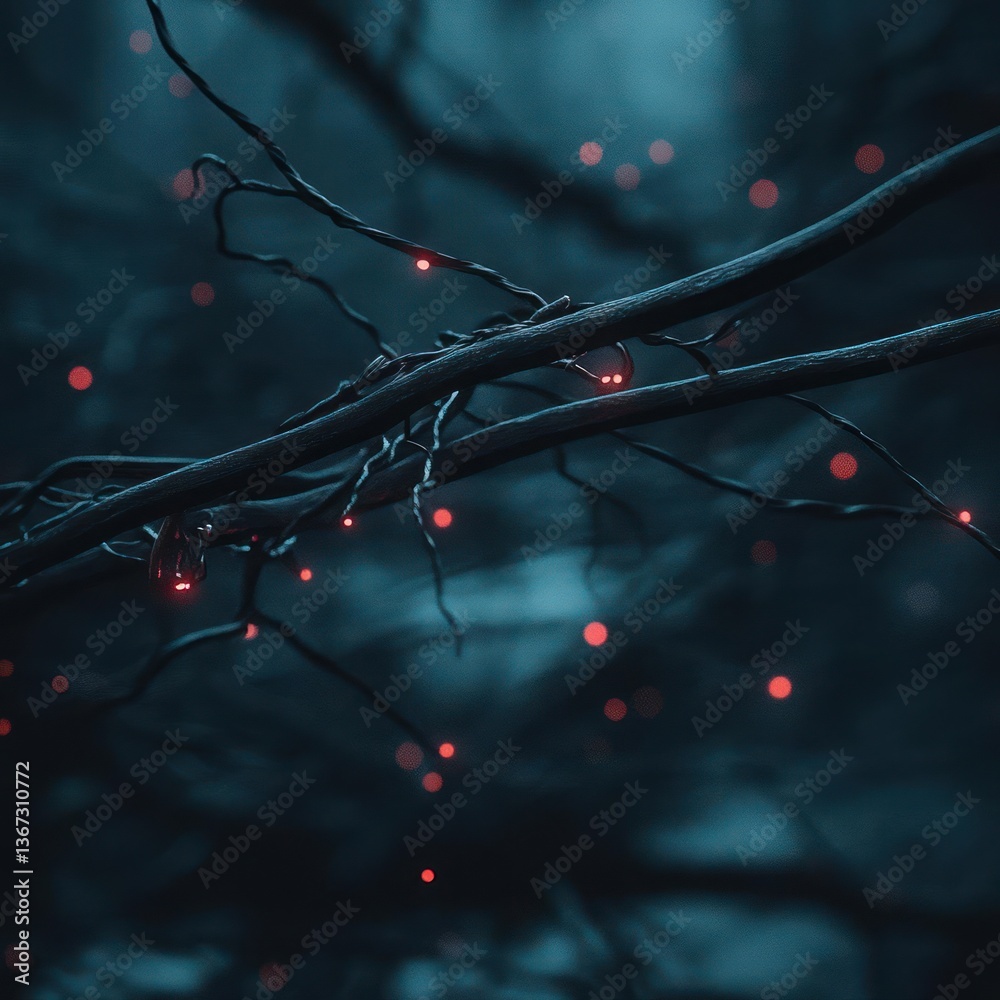 Aufkleber mysterious branch with glowing red orbs set against a deep blue background creating eerie forest atm