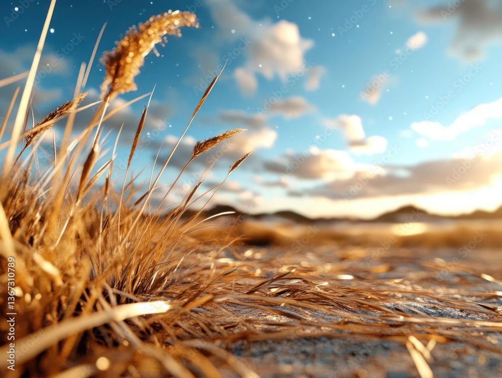 Aufkleber close up of dry grass on a beach under a bright sky with clouds and a warm sunset creating a natural