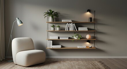 Cozy Living Room Interior with Armchair, Bookshelf, and Natural Light