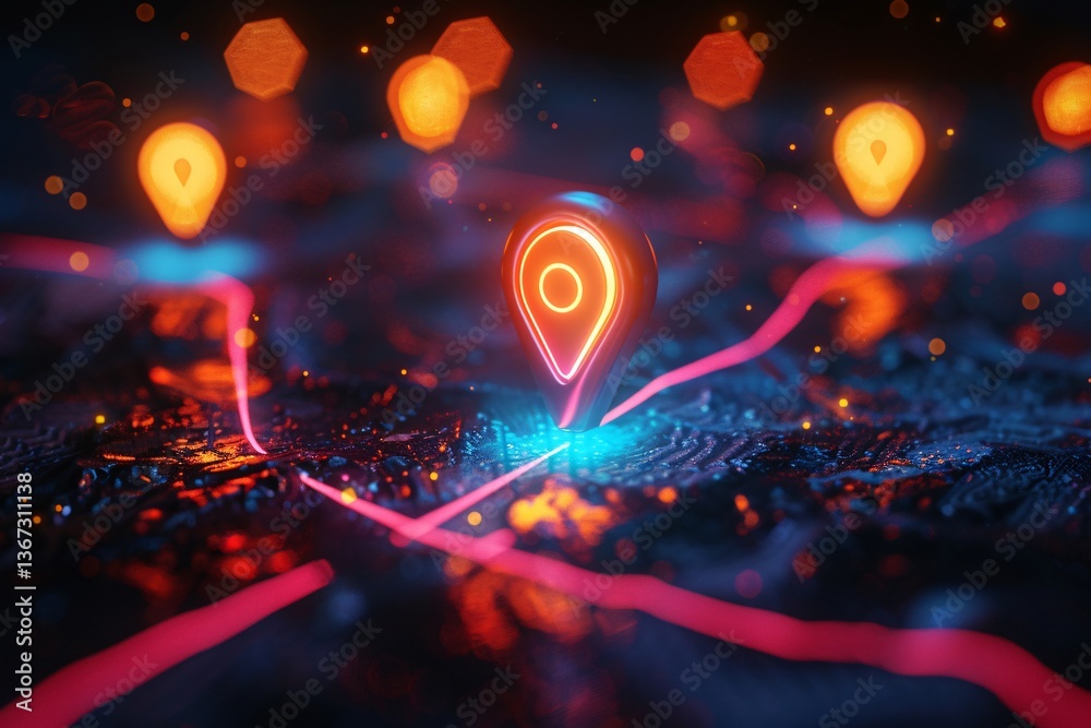 Poster Glowing location pin on a digital map with neon lines, symbolizing gps navigation and tracking