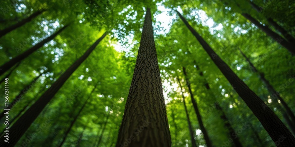 Poster low angle view of lush green forest trees reaching towards the sky with dappled sunlight filtering t