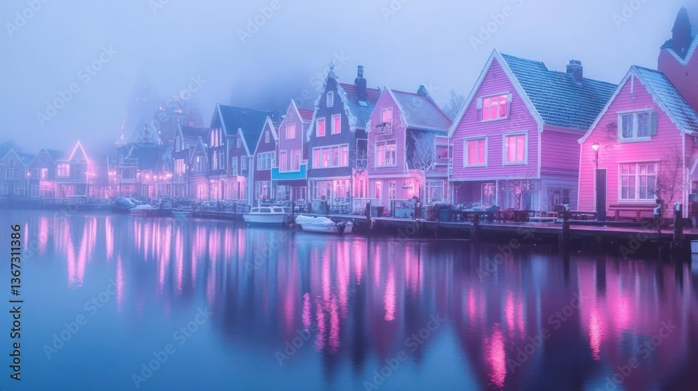 Poster Pink illuminated houses reflect on still water creating a tranquil atmospheric scene. The architecture is partially obscured by a soft mist under a pale wintery sky