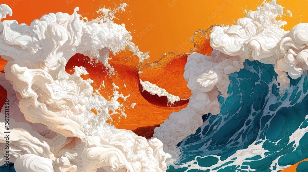 Aufkleber Abstract ocean waves crashing against an orange backdrop evoking powerful energy and movement with textured water and vibrant color contrast