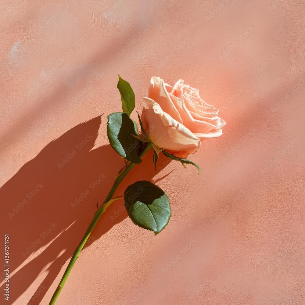 Poster single peach rose with green leaves against a textured peachy pink background with shadow patterns a