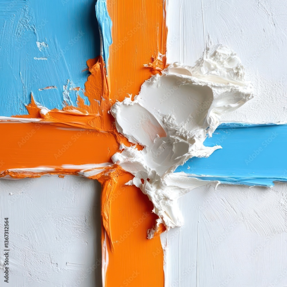 Poster abstract artwork featuring textured impasto paint in blue orange and white cross shapes with a centr