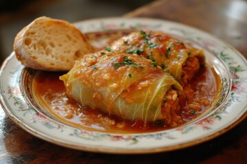 Serving Stuffed Cabbage Rolls with Tomato Sauce and Slice of Bread