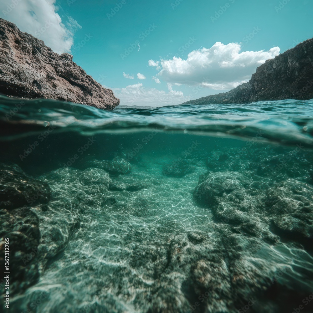 Aufkleber split level view of underwater environment with clear turquoise water rocky sea floor and visible ro