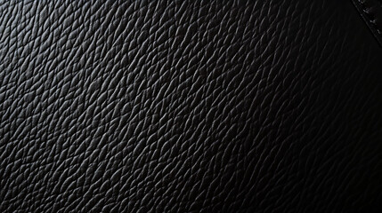 A close-up of black flat grain leather texture, creating an abstract pattern background with smooth, detailed, and rich leather surface design..