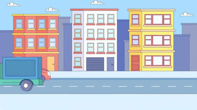 2D illustration Animation Scene of City Environment Loaded With Building, Road Beside Building, Busy Traffics.